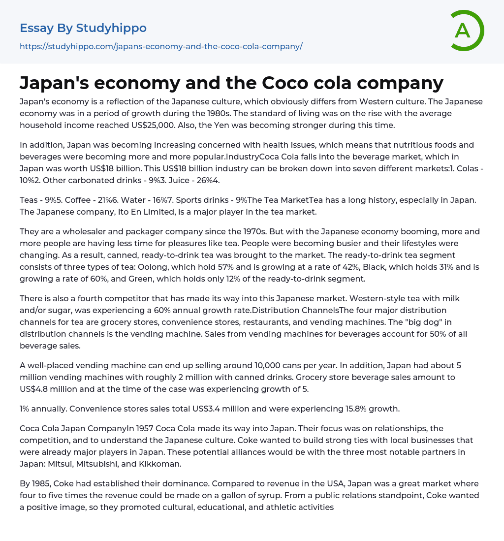Japan’s economy and the Coco cola company Essay Example