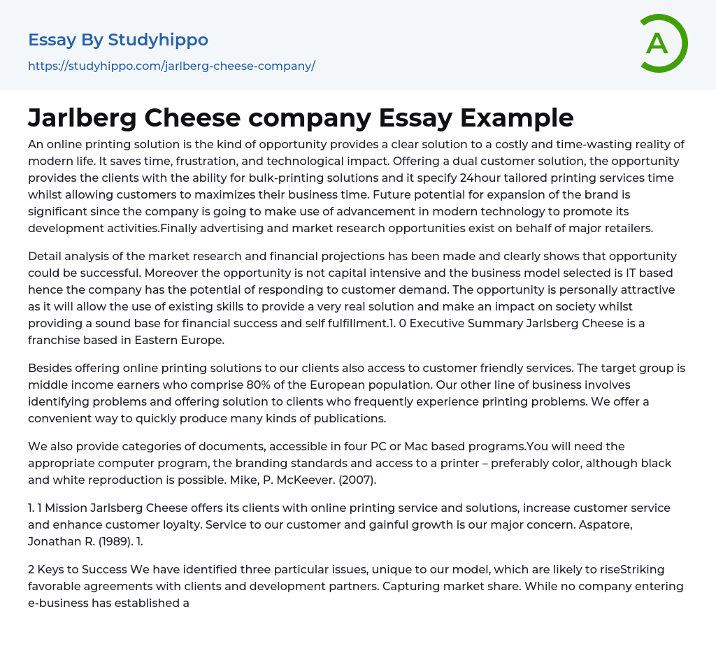 Jarlberg Cheese company Essay Example
