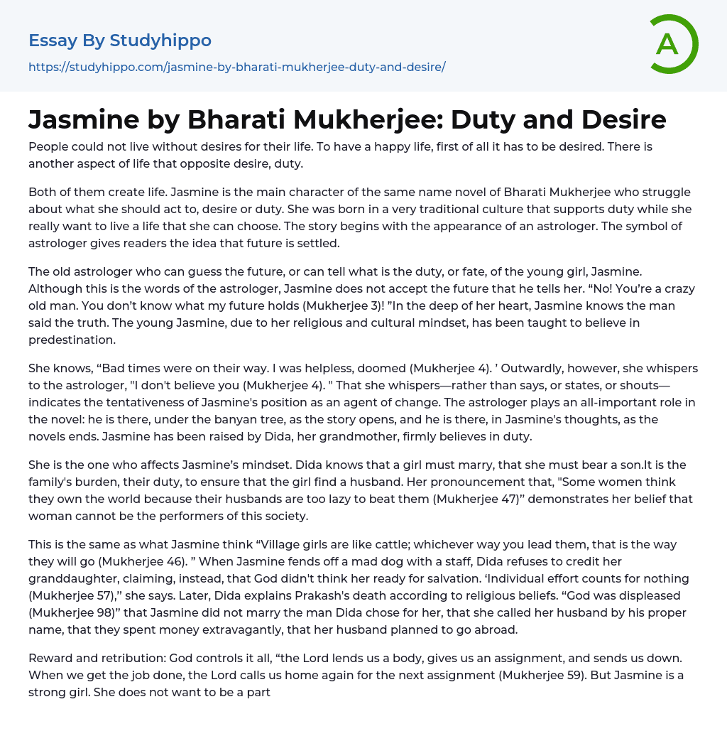 Jasmine by Bharati Mukherjee: Duty and Desire Essay Example