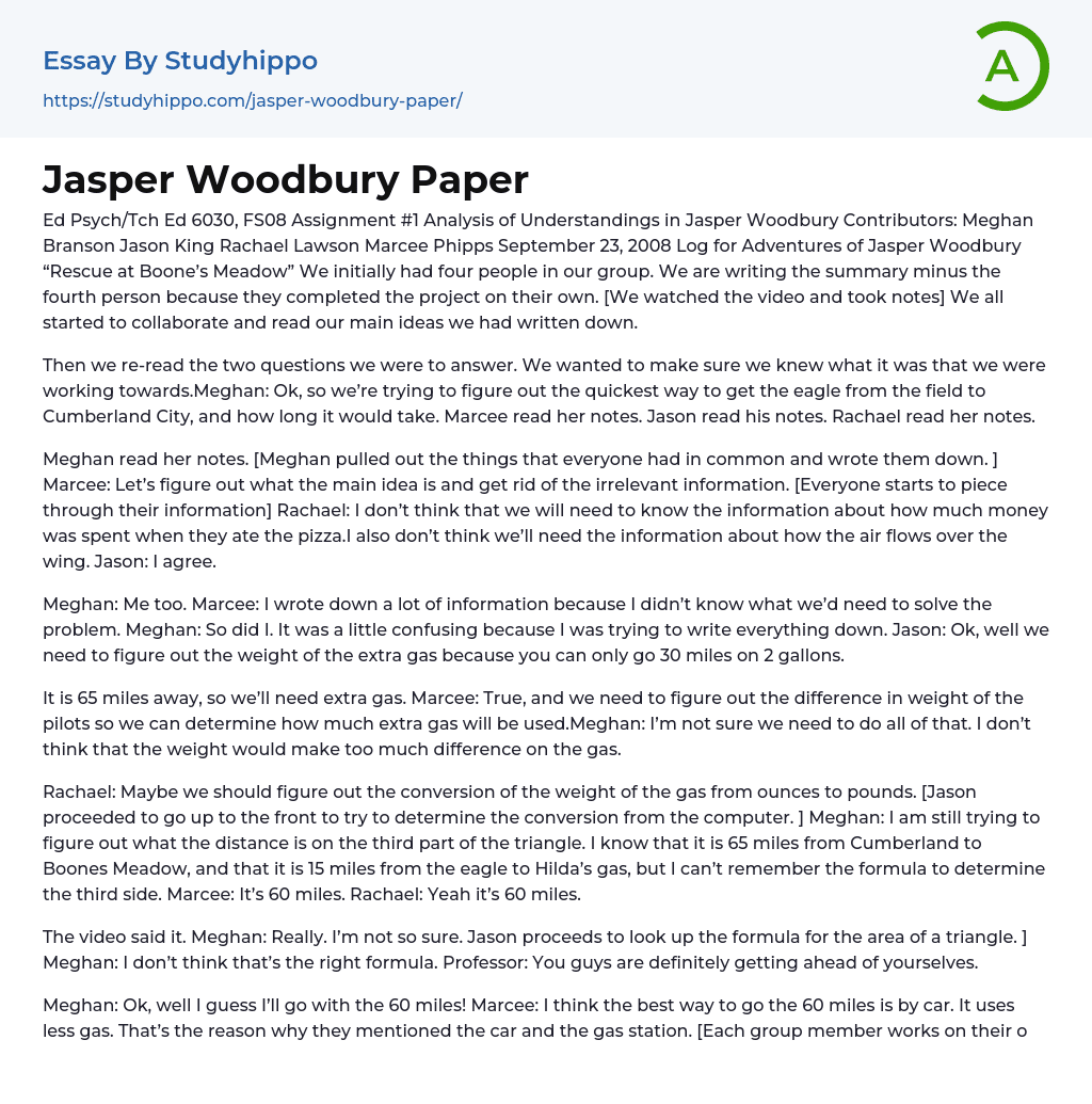 Jasper Woodbury Paper Essay Example