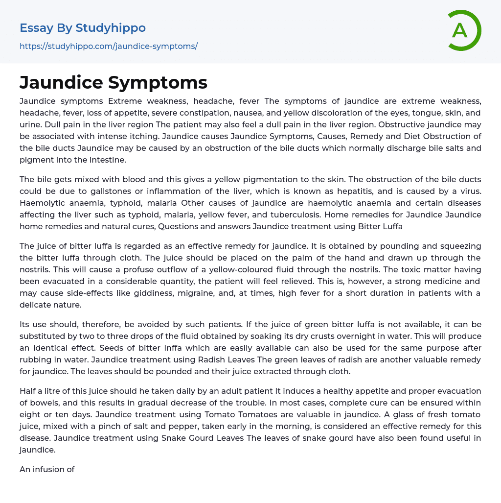 Jaundice Symptoms Essay Example