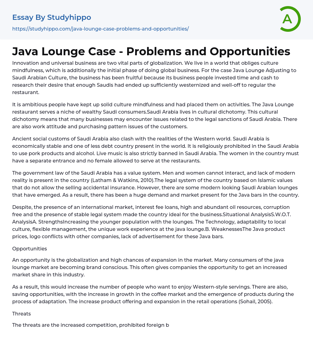 Java Lounge Case – Problems and Opportunities Essay Example