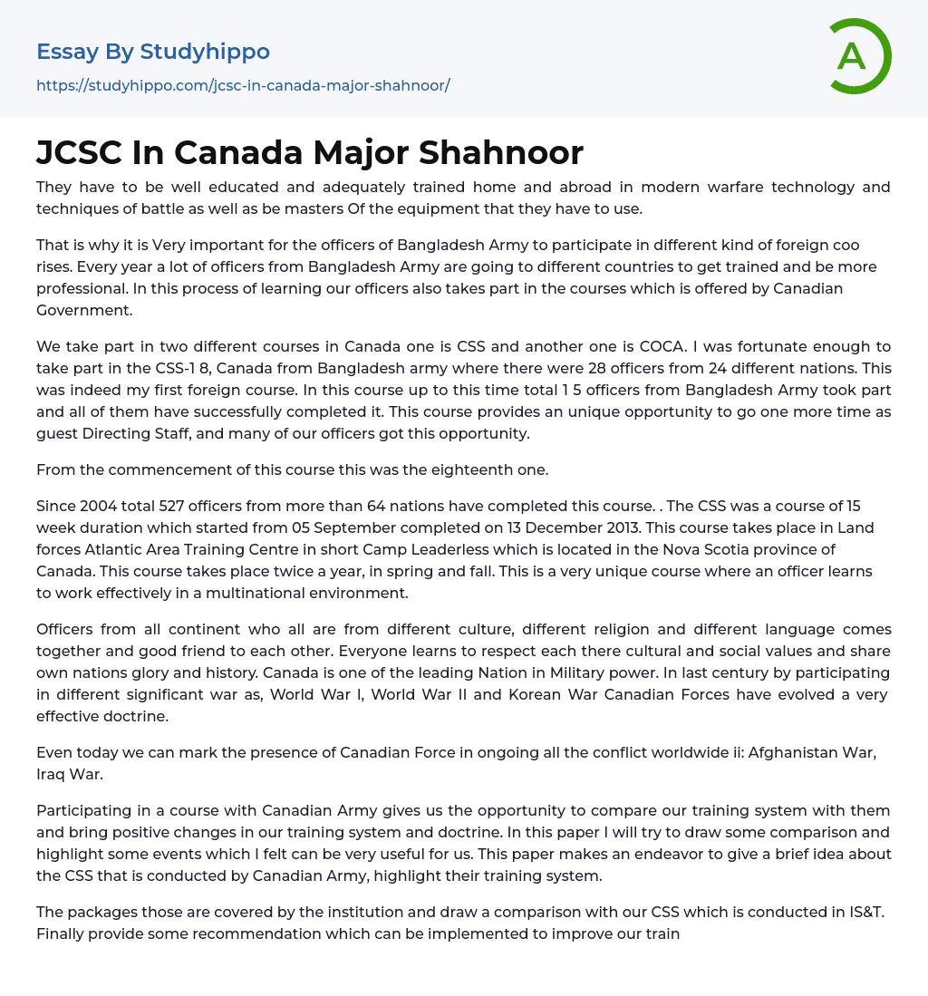 JCSC In Canada Major Shahnoor Essay Example