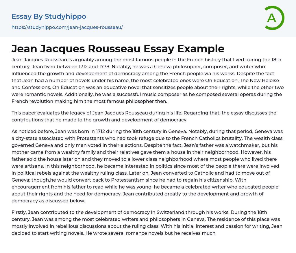 Jean Jacques Rousseau Essay Example