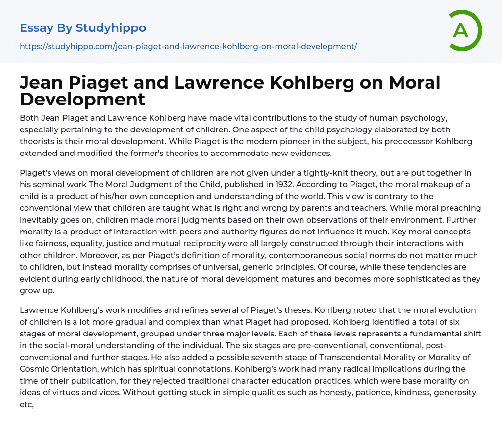 Jean Piaget and Lawrence Kohlberg on Moral Development Essay Example