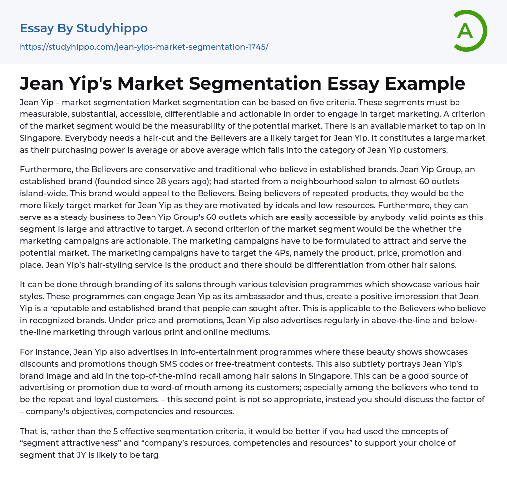 Jean Yip’s Market Segmentation Essay Example