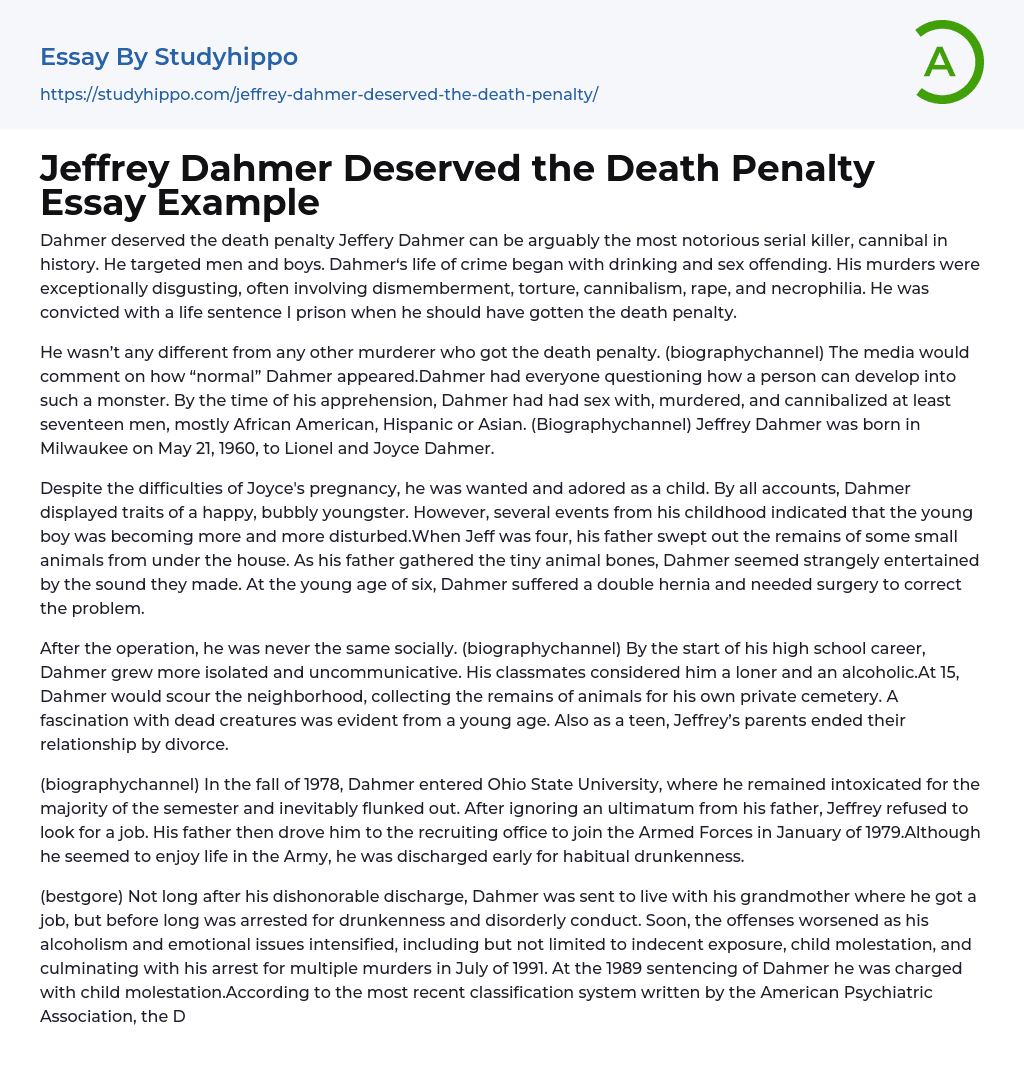 Jeffrey Dahmer Deserved the Death Penalty Essay Example