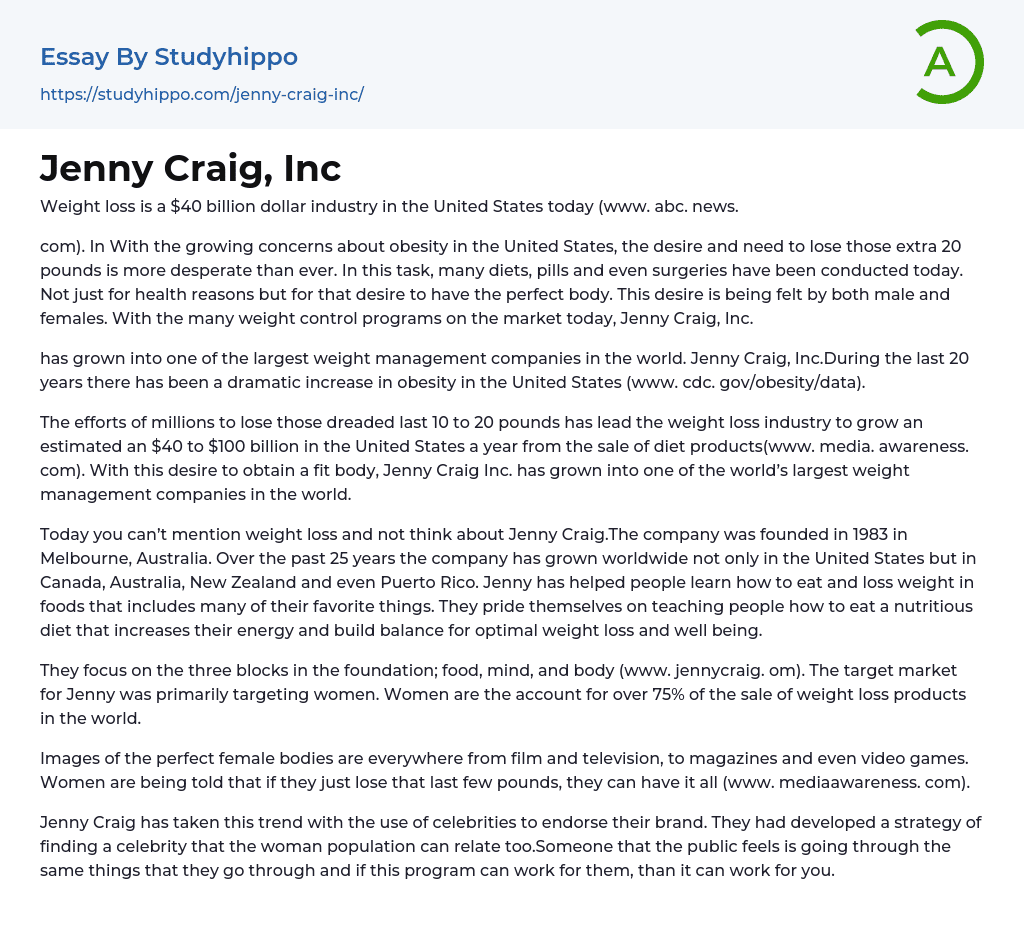 Jenny Craig, Inc Essay Example