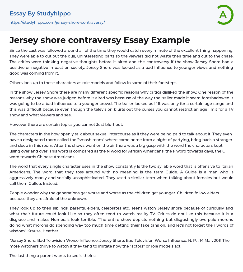 Jersey shore contraversy Essay Example