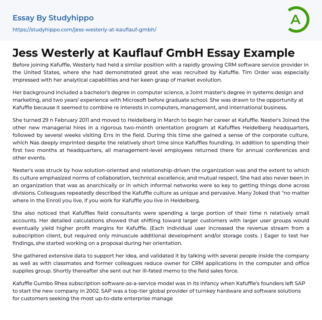 Jess Westerly at Kauflauf GmbH Essay Example
