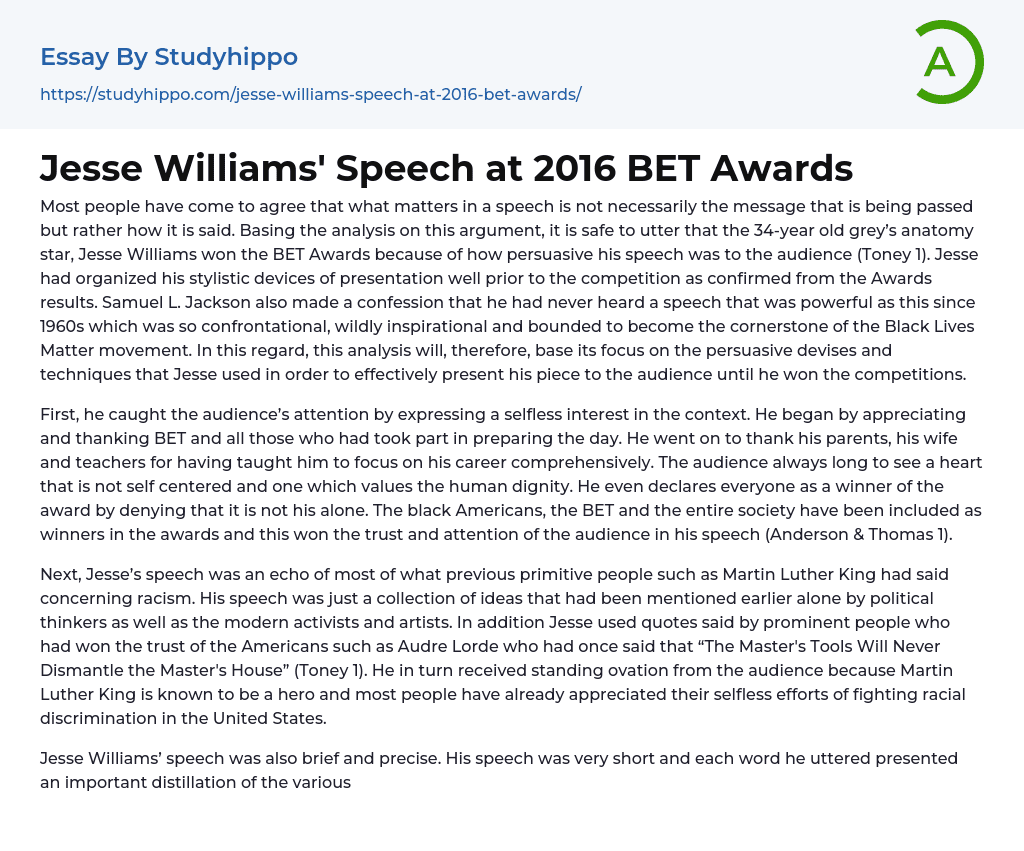 Jesse Williams’ Speech at 2016 BET Awards Essay Example