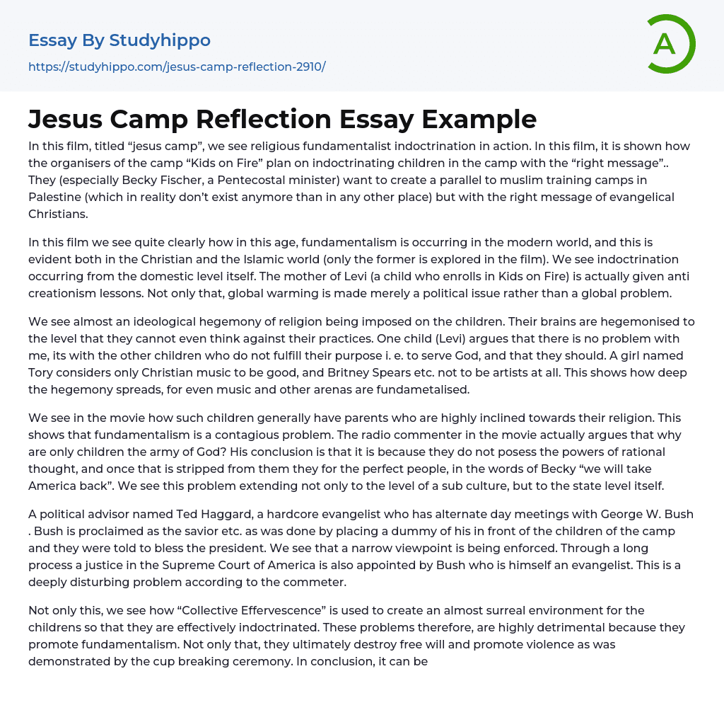 Jesus Camp Reflection Essay Example