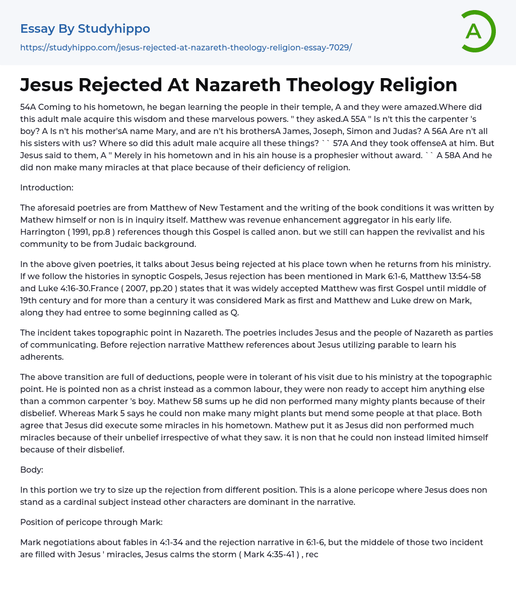 Jesus Rejected At Nazareth Theology Religion Essay Example