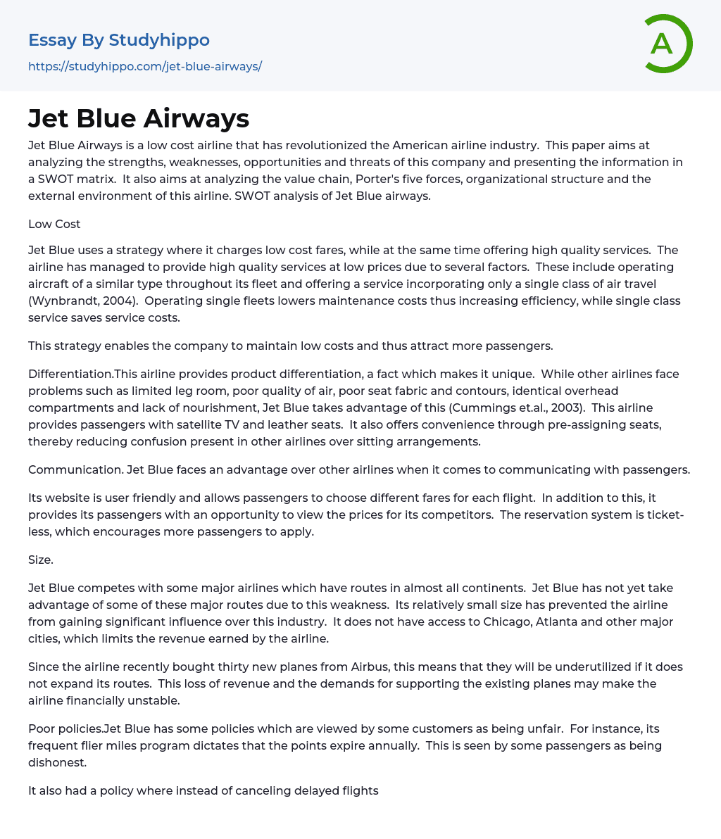 Jet Blue Airways Essay Example