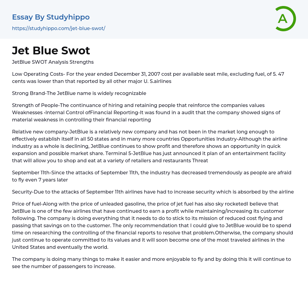 Jet Blue Swot Essay Example