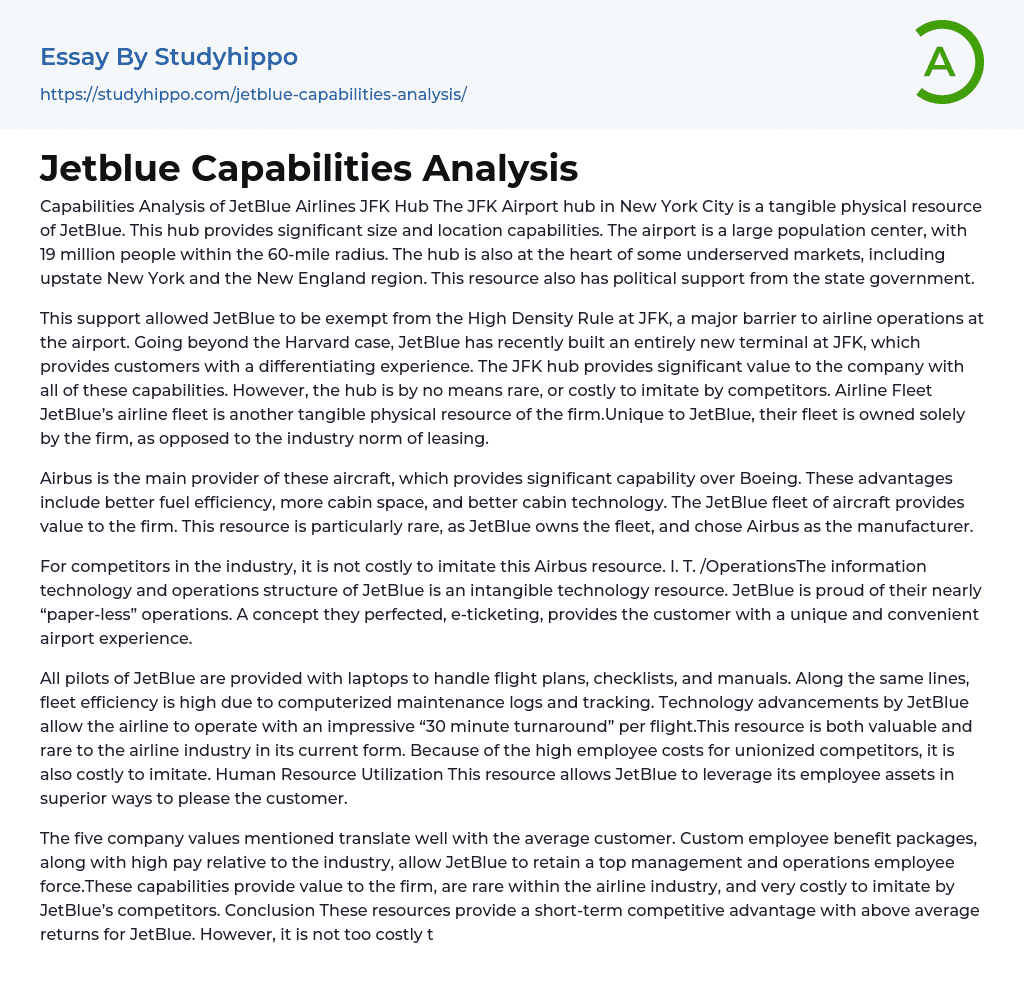 Jetblue Capabilities Analysis Essay Example
