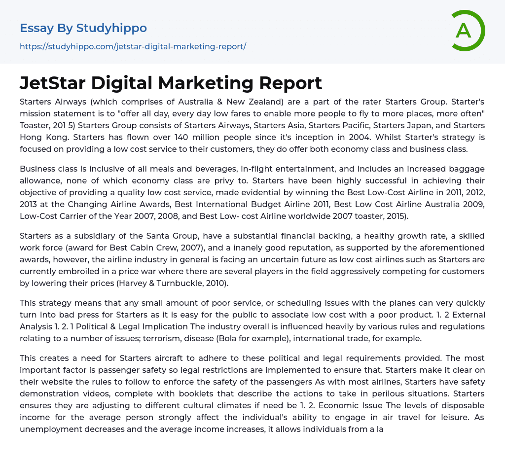 JetStar Digital Marketing Report Essay Example