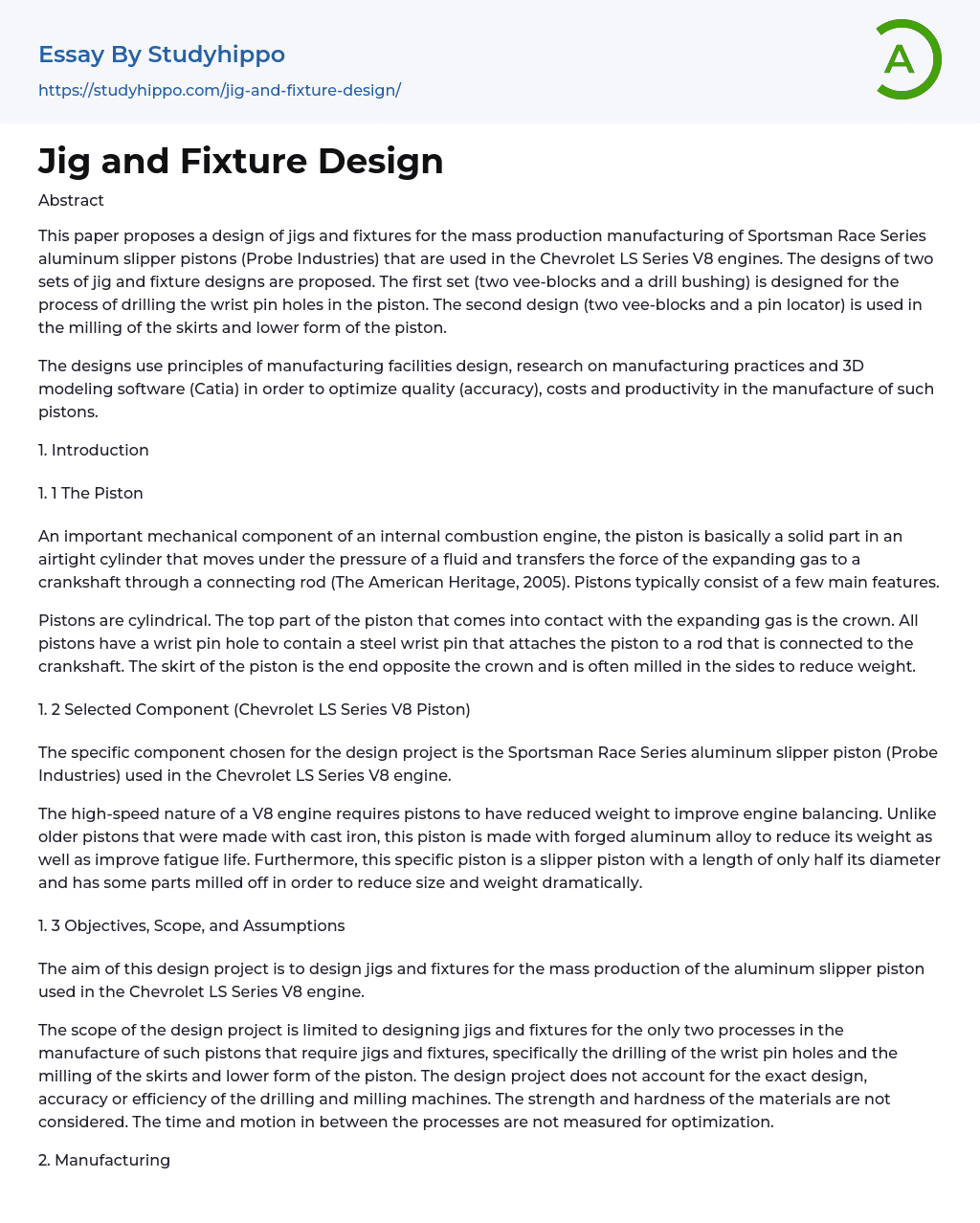 Jig and Fixture Design Essay Example
