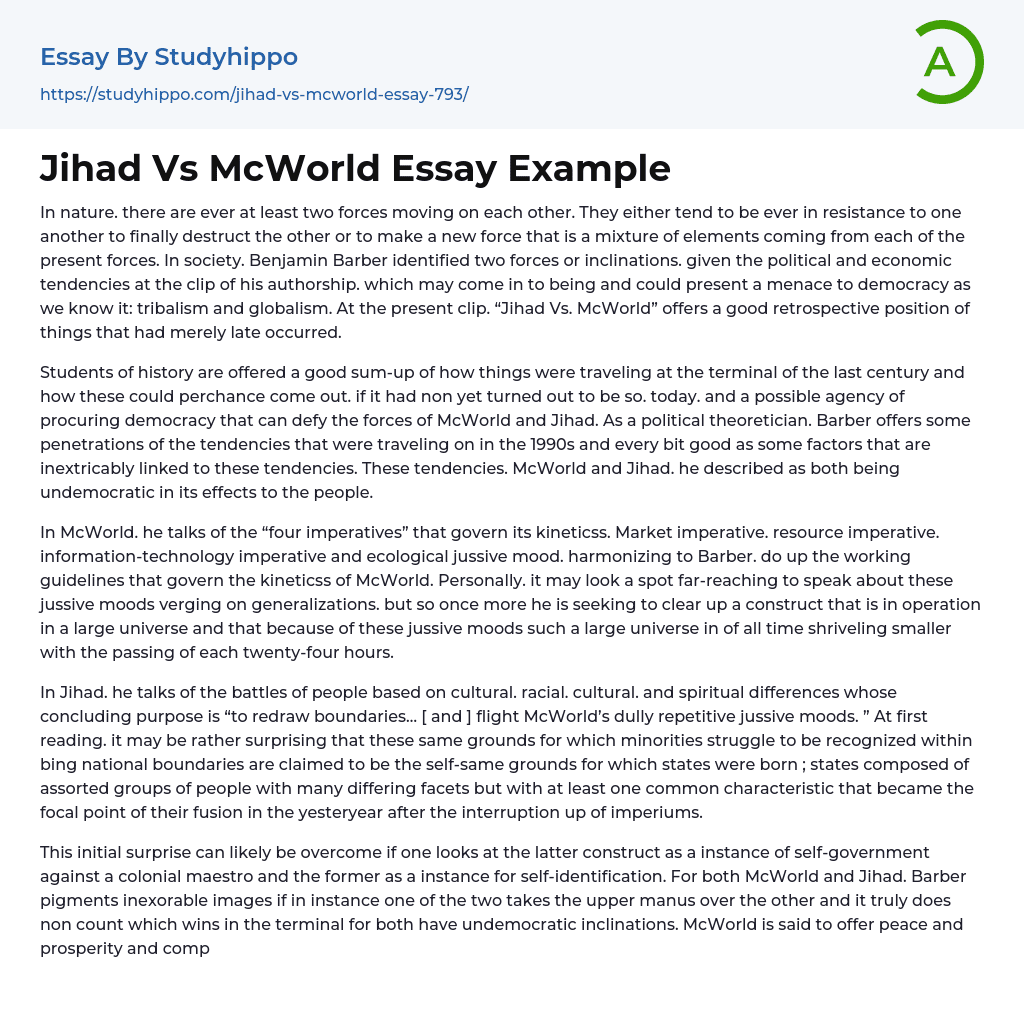 Jihad Vs McWorld Essay Example