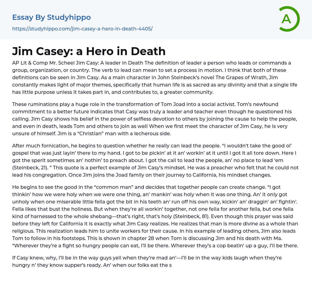 Jim Casey: a Hero in Death Essay Example