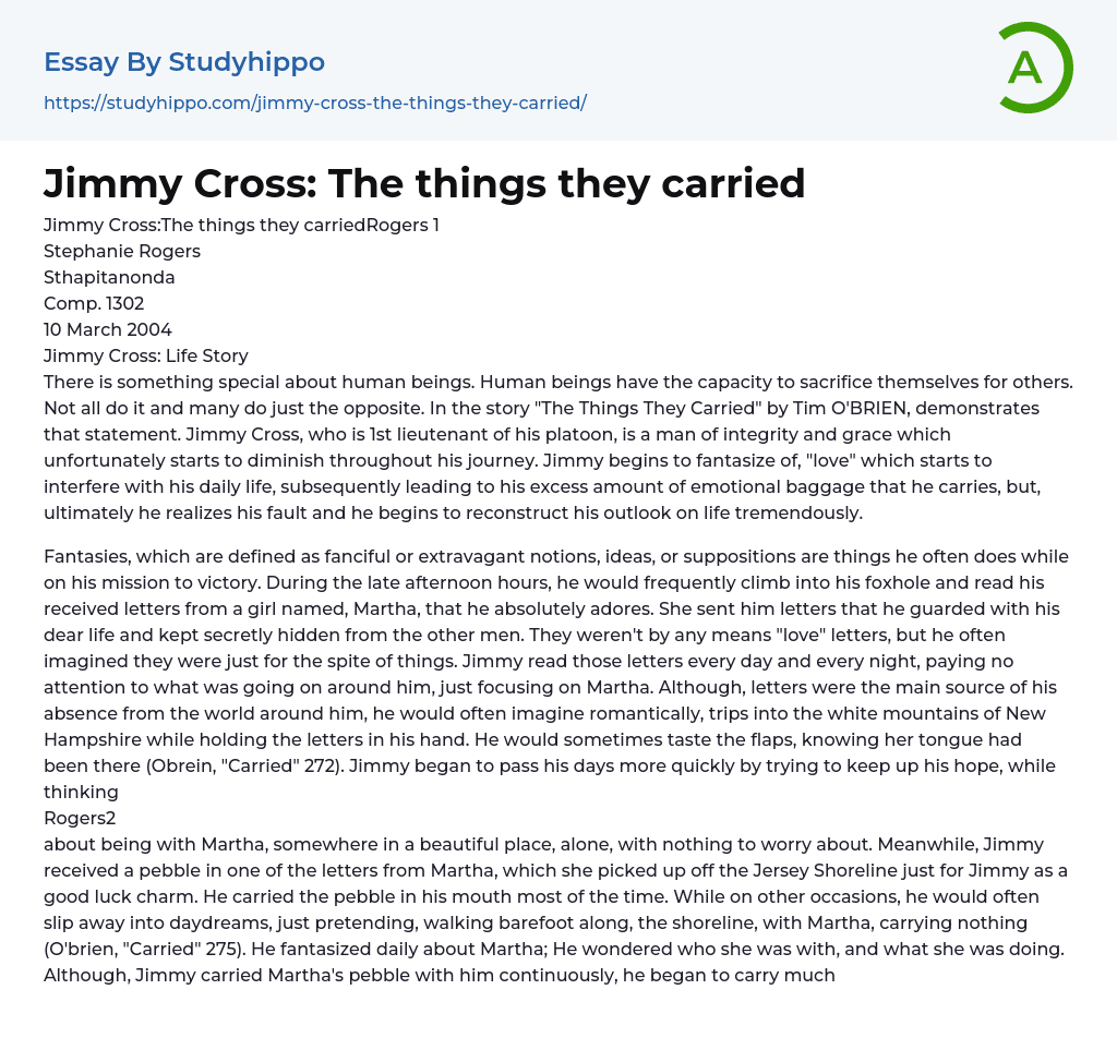 Jimmy Cross: “The Things They Carried” Essay Example
