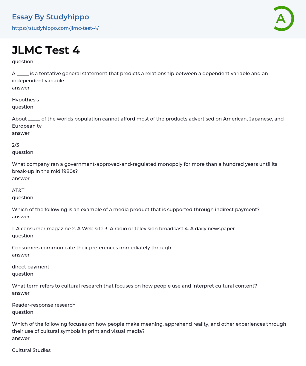 JLMC Test 4 Essay Example