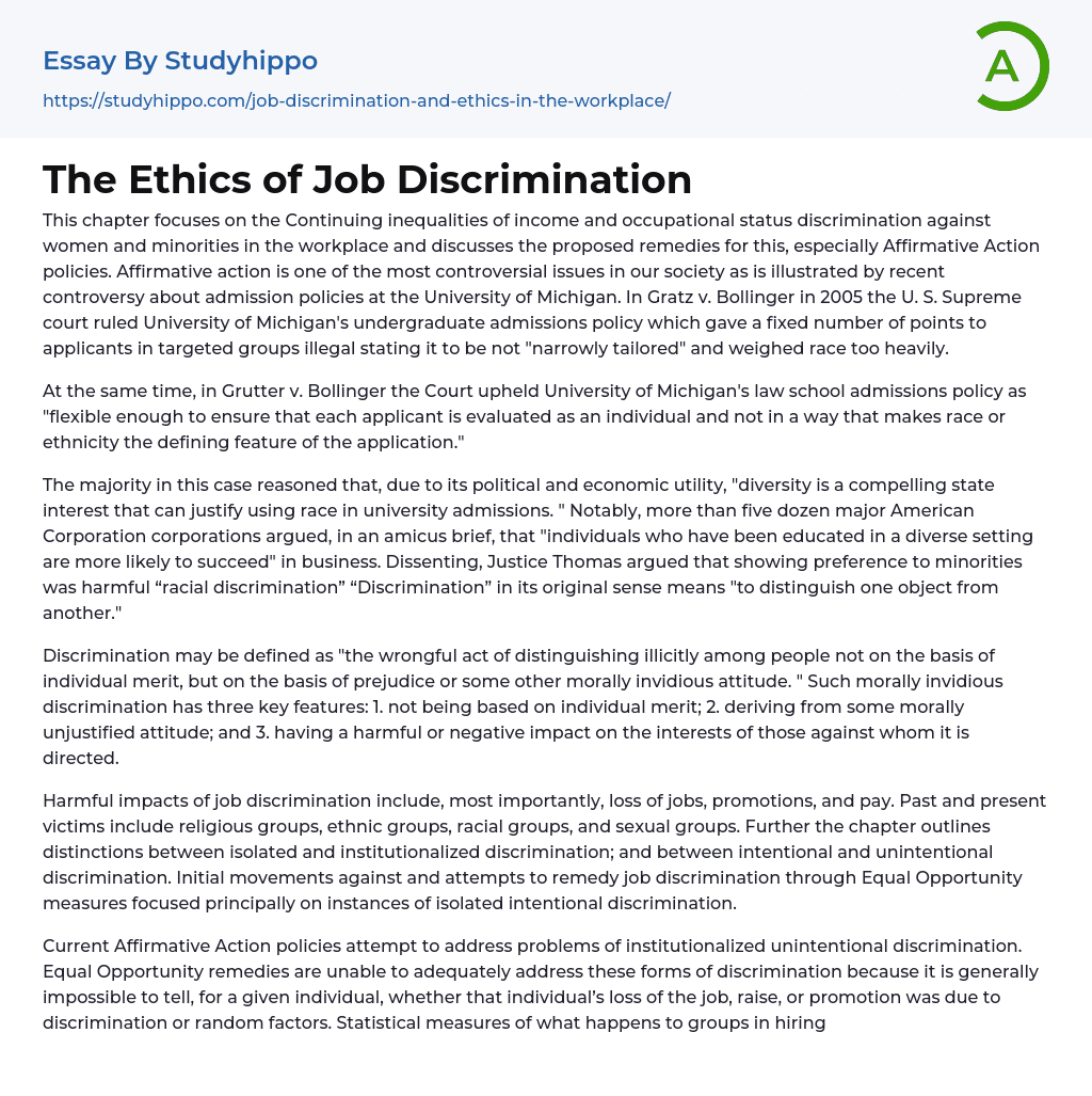 The Ethics of Job Discrimination Essay Example