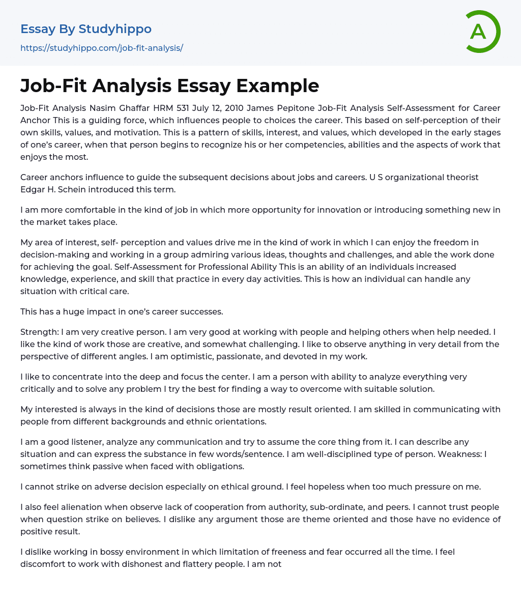 Job-Fit Analysis Essay Example