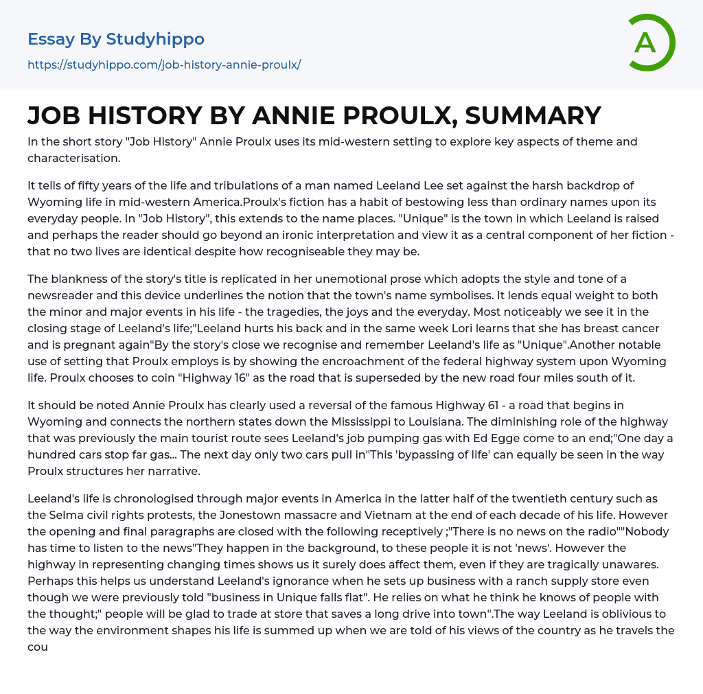 JOB HISTORY BY ANNIE PROULX, SUMMARY Essay Example