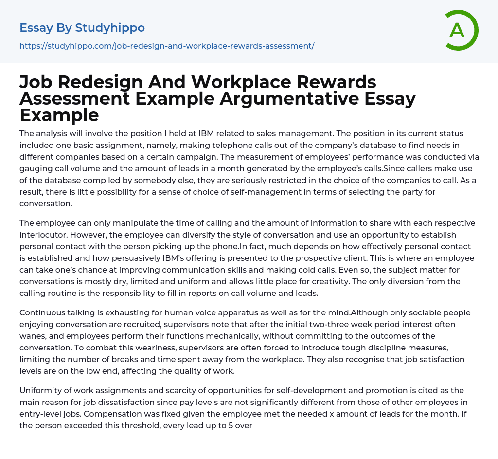Job Redesign And Workplace Rewards Assessment Example Argumentative Essay Example