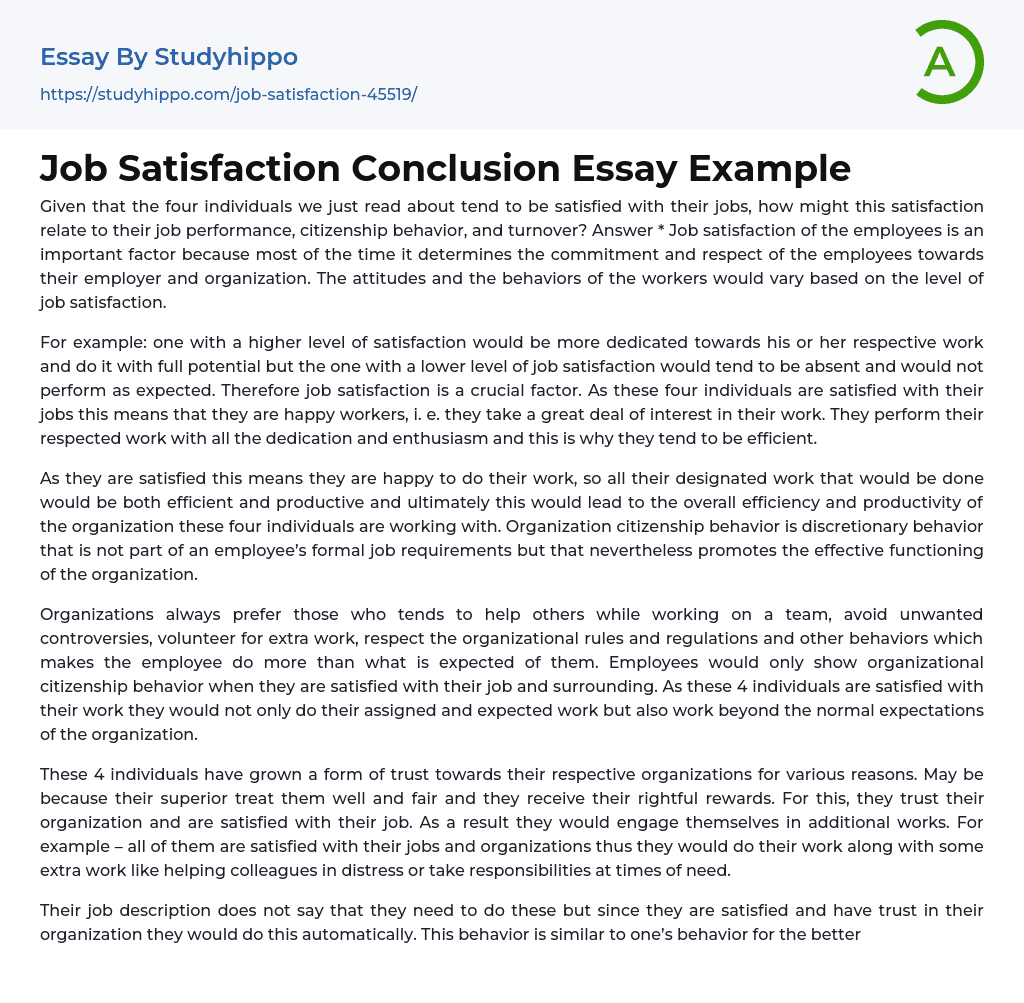 Job Satisfaction Conclusion Essay Example