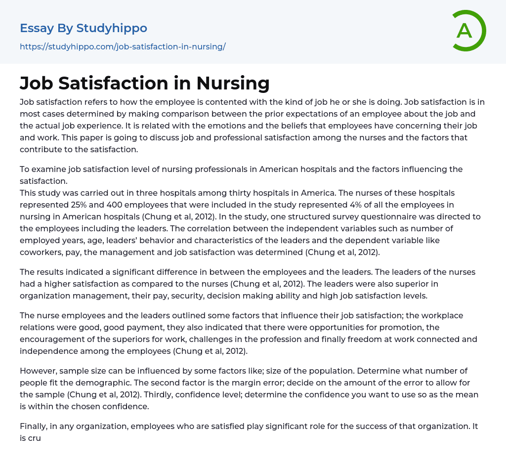 Job Satisfaction in Nursing Essay Example