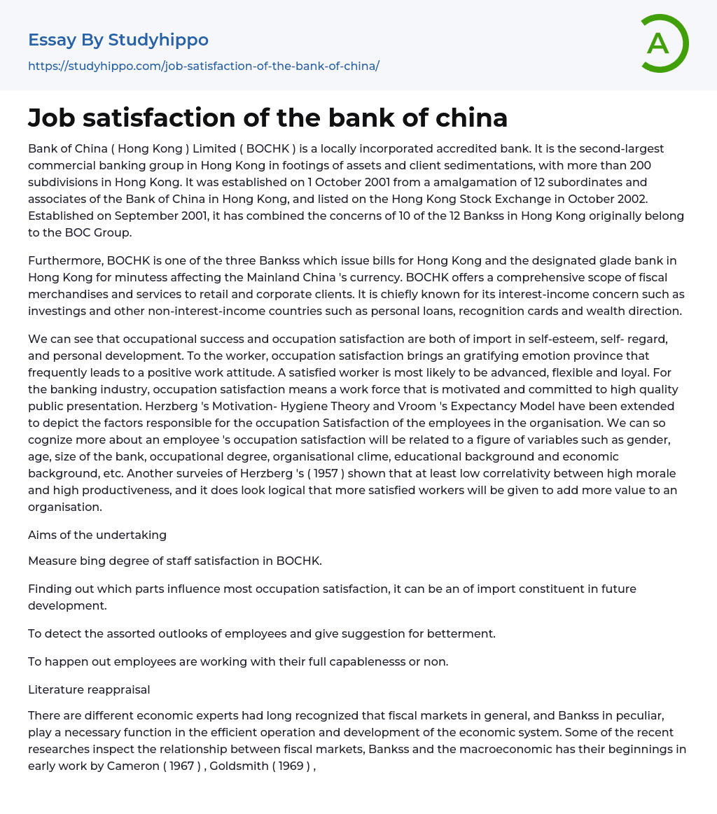 Job satisfaction of the bank of china Essay Example