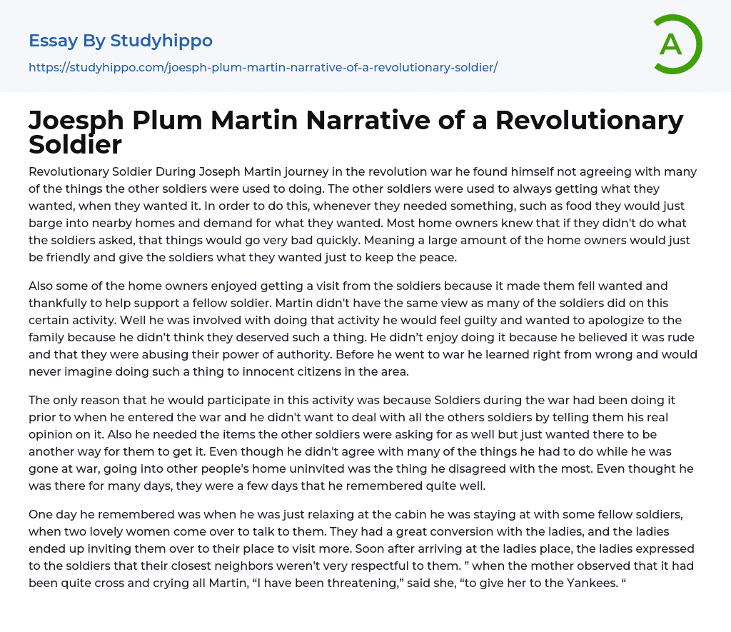 Joesph Plum Martin Narrative of a Revolutionary Soldier Essay Example