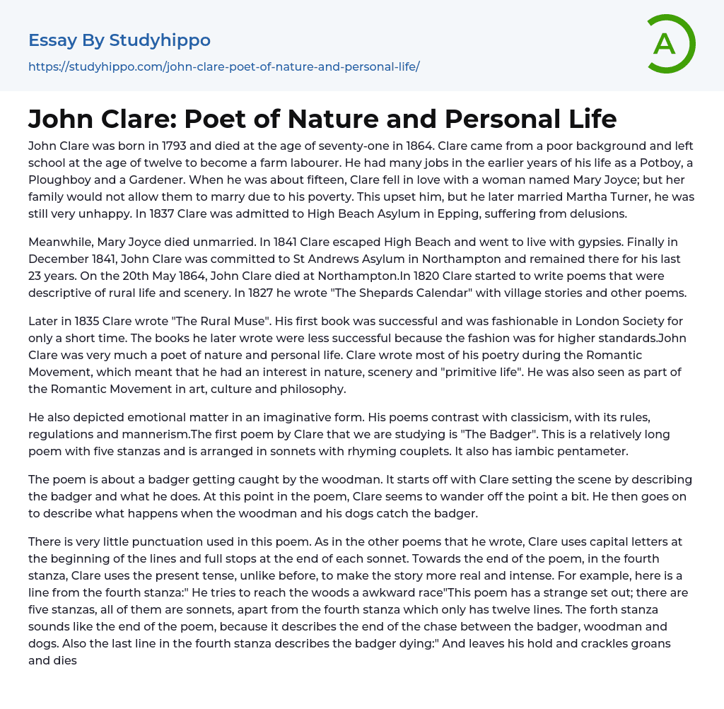 John Clare: Poet of Nature and Personal Life Essay Example