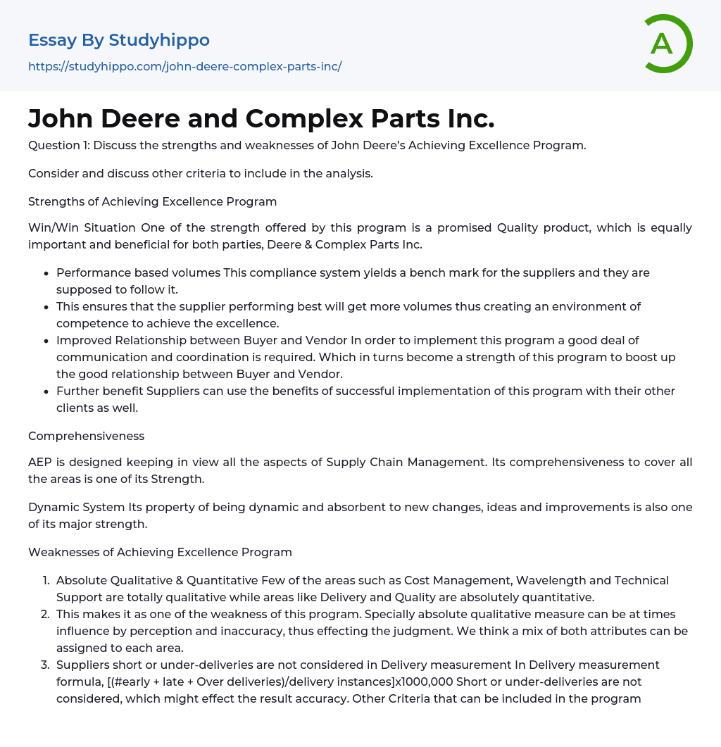 John Deere and Complex Parts Inc. Essay Example