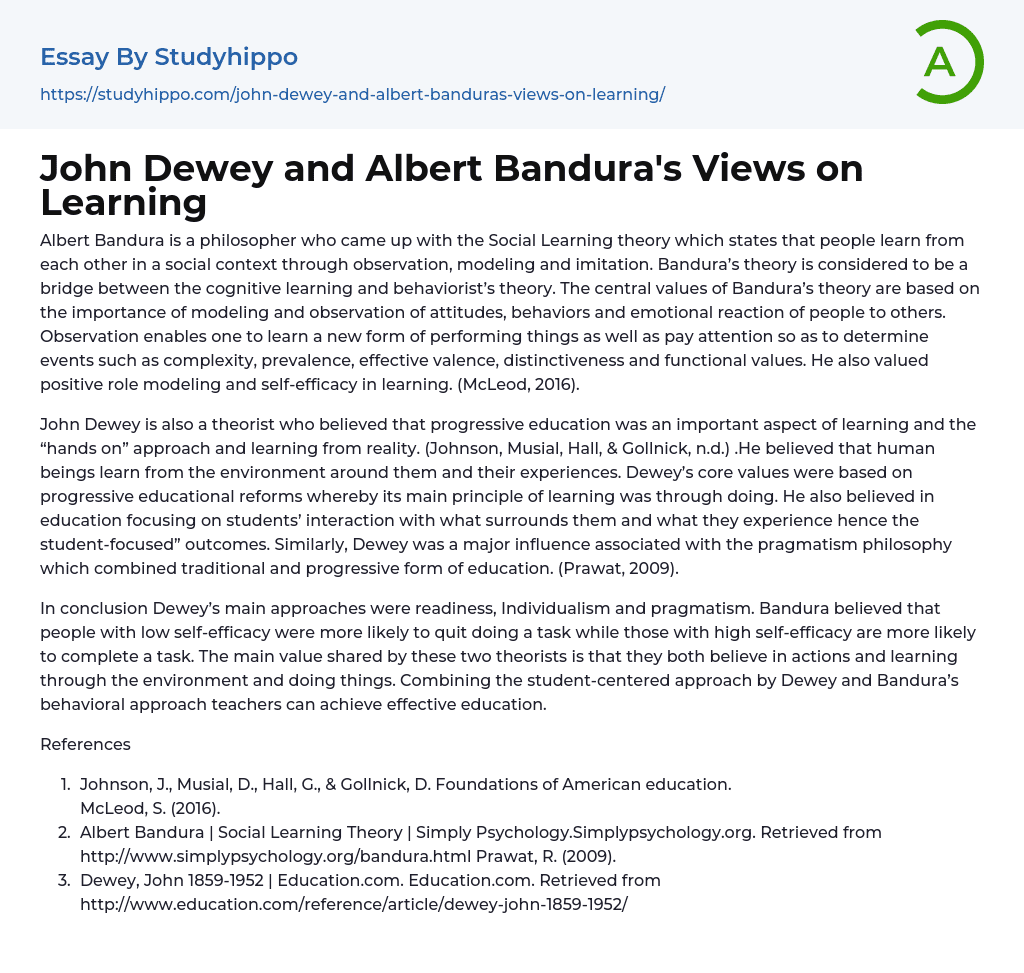 John Dewey and Albert Bandura’s Views on Learning Essay Example
