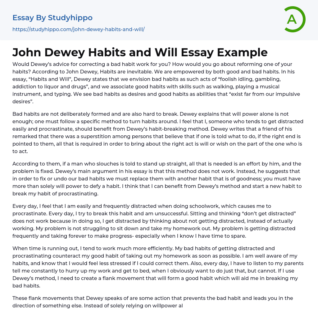 John Dewey Habits and Will Essay Example
