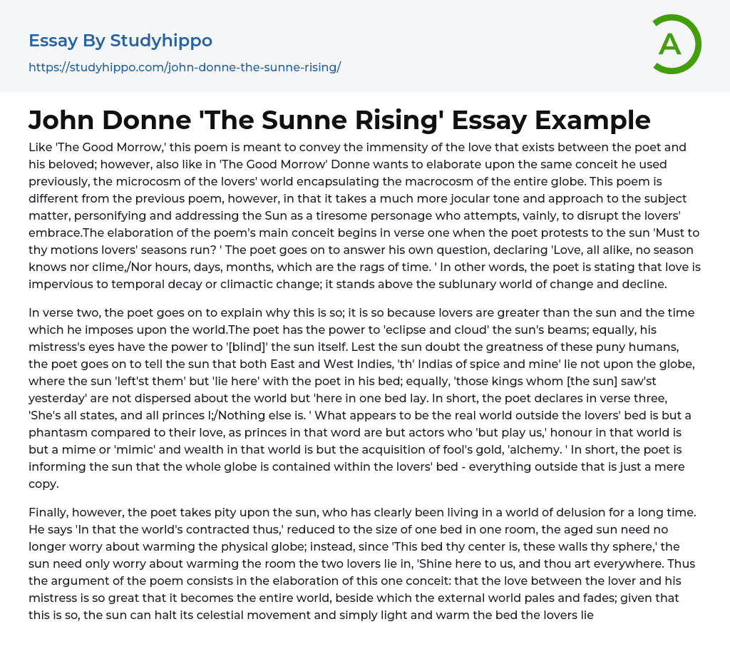 John Donne ‘The Sunne Rising’ Essay Example