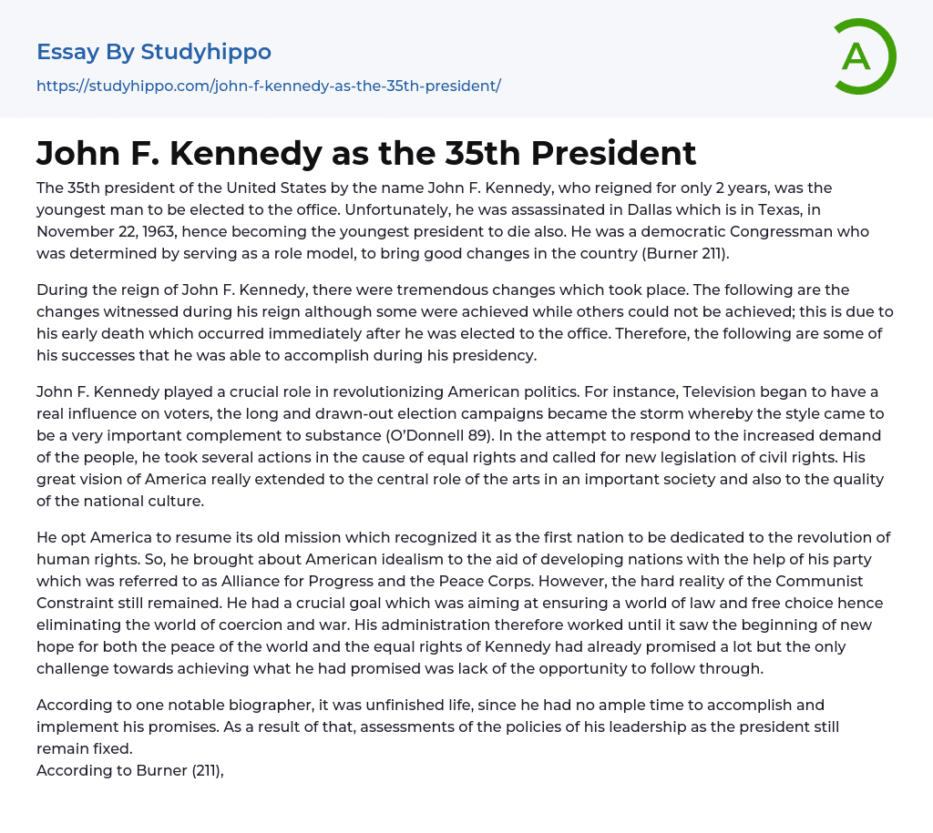 John F. Kennedy as the 35th President Essay Example