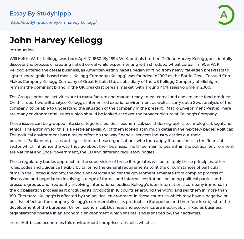 John Harvey Kellogg Essay Example