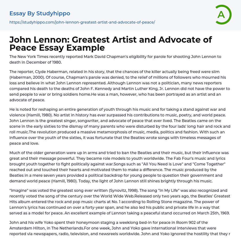 John Lennon: Greatest Artist and Advocate of Peace Essay Example