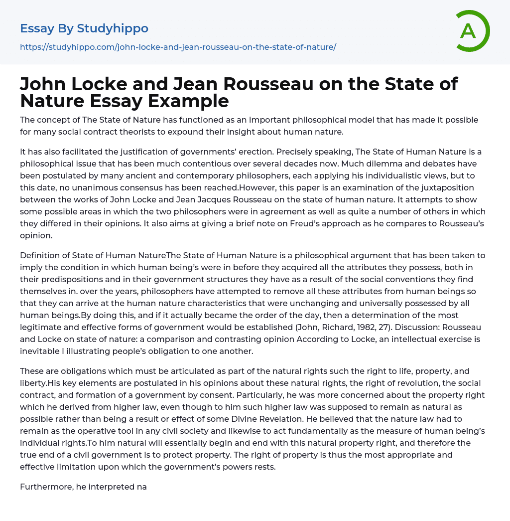 John Locke and Jean Rousseau on the State of Nature Essay Example