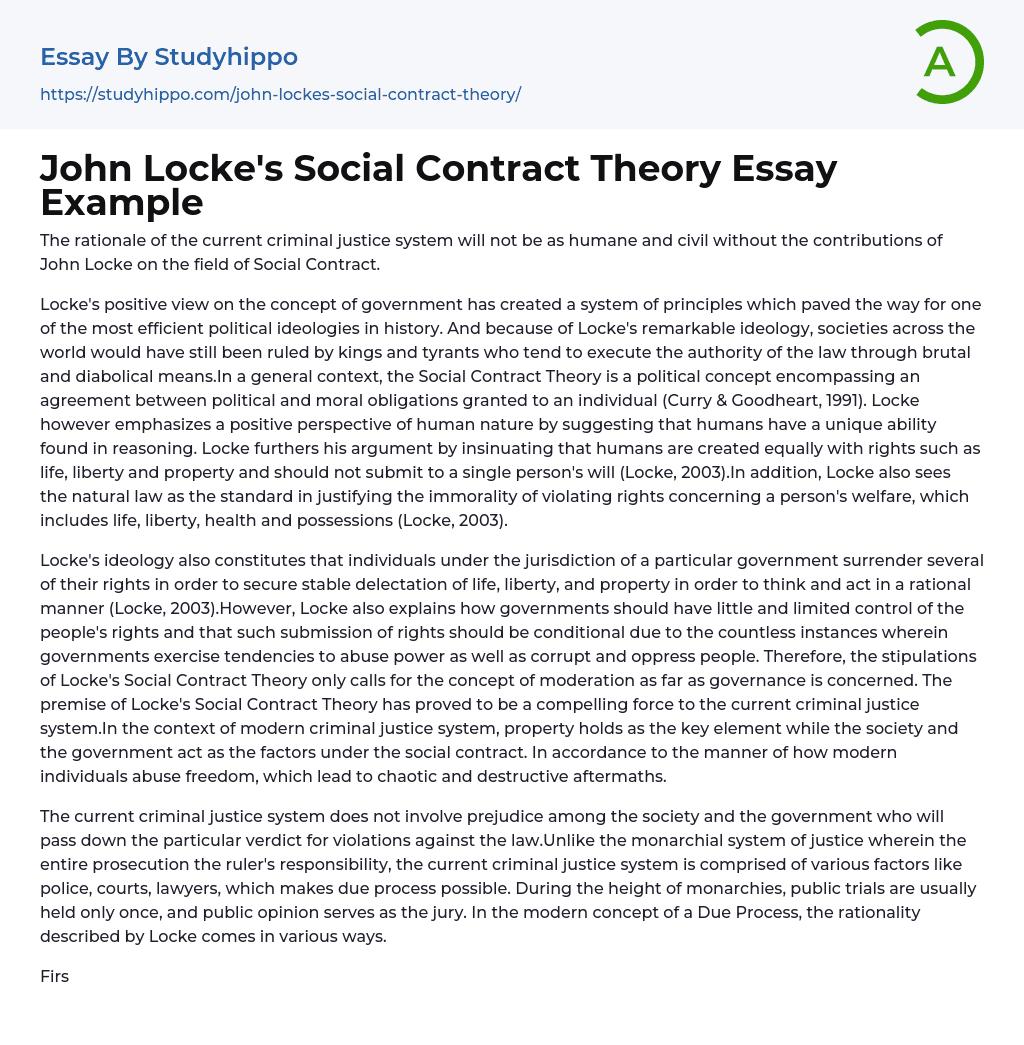 John Locke’s Social Contract Theory Essay Example