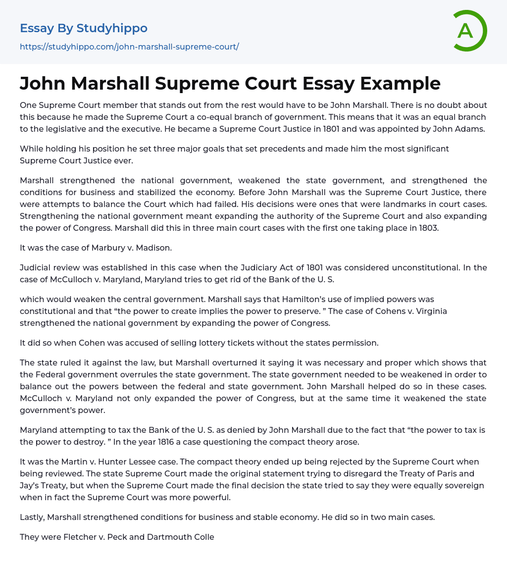 John Marshall Supreme Court Essay Example