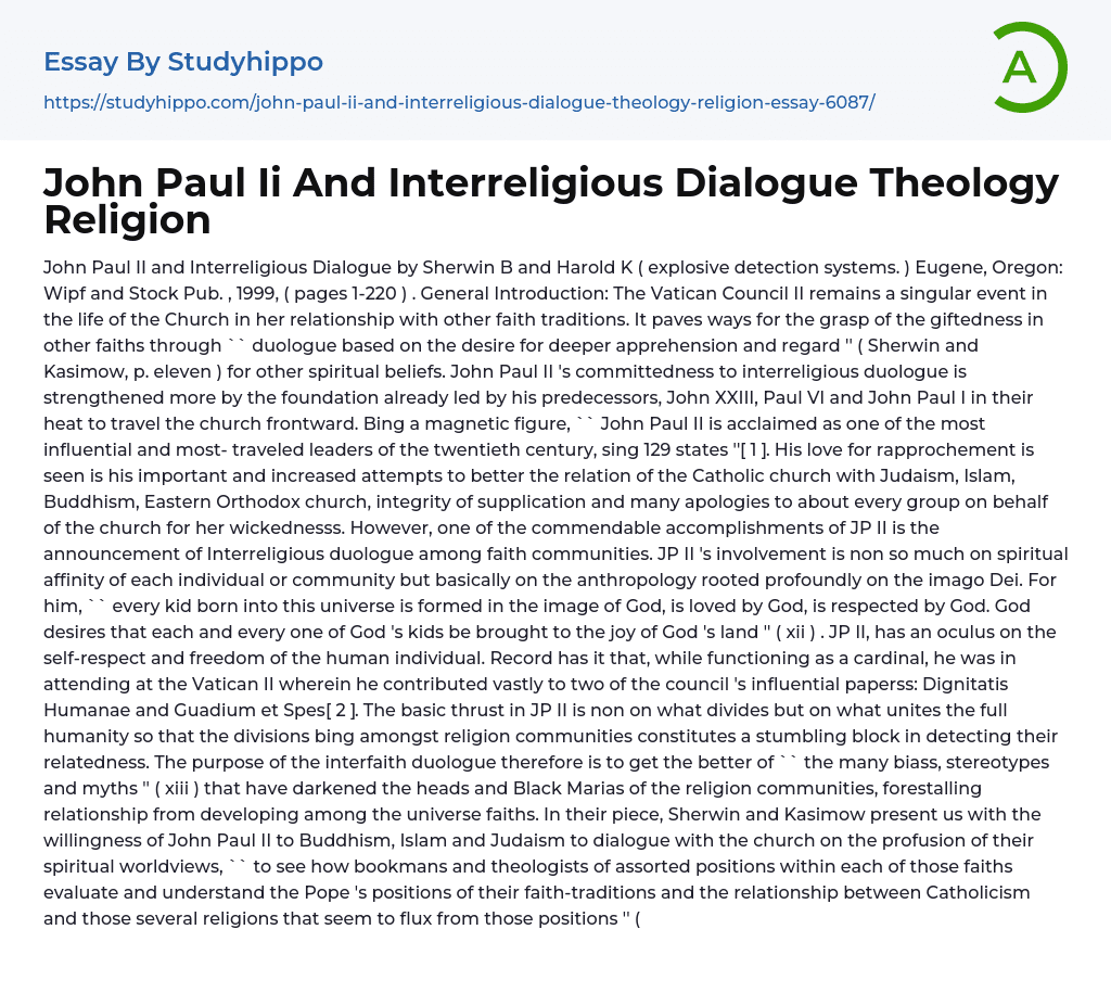 John Paul Ii And Interreligious Dialogue Theology Religion Essay Example