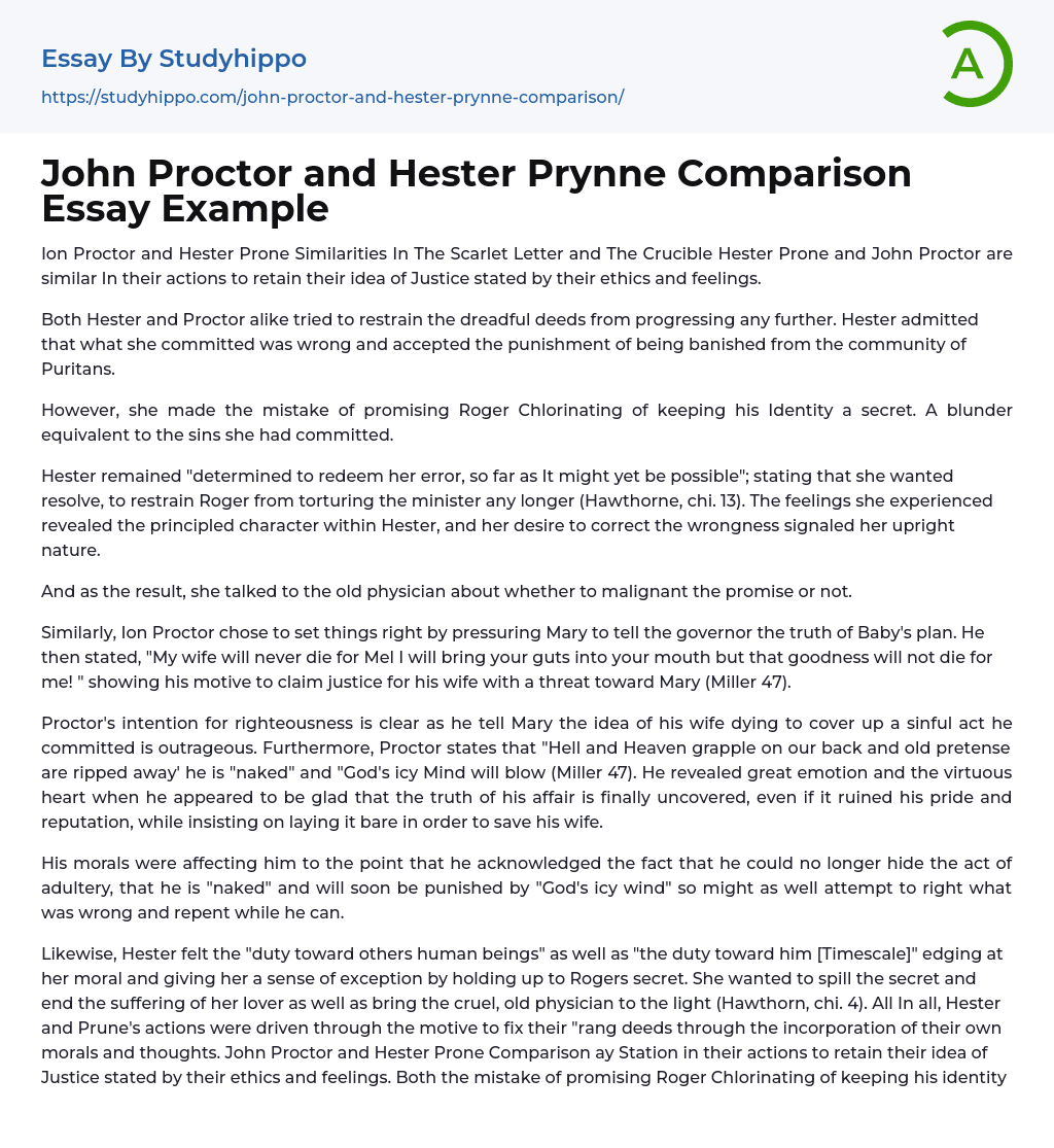 John Proctor and Hester Prynne Comparison Essay Example