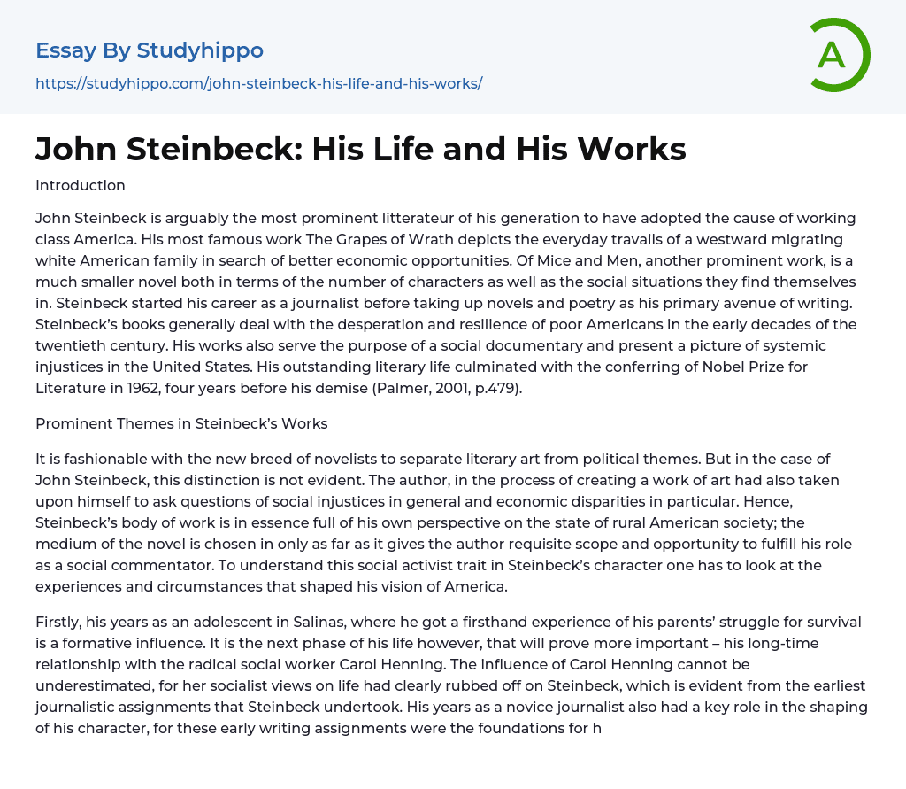John Steinbeck: His Life and His Works Essay Example