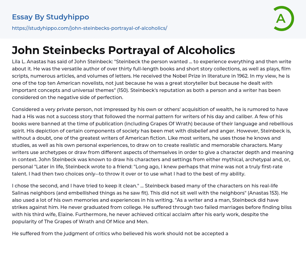 John Steinbecks Portrayal of Alcoholics Essay Example