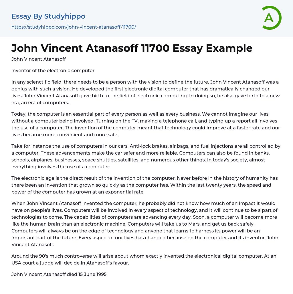 John Vincent Atanasoff 11700 Essay Example